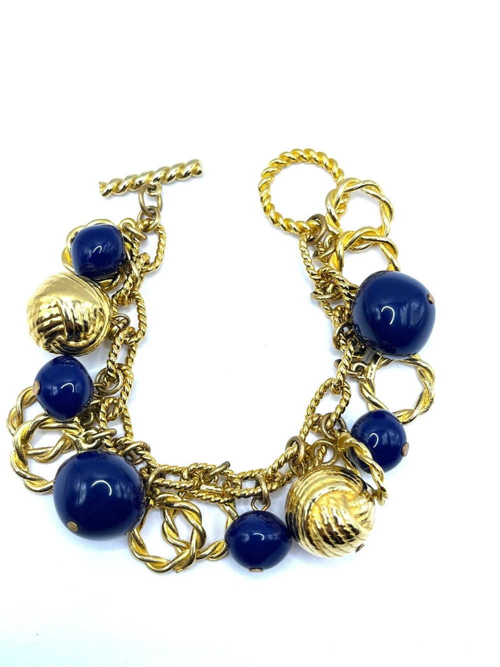 Gold Link Bracelet with Navy Bead and Gold Spheres Chunky Bracelet